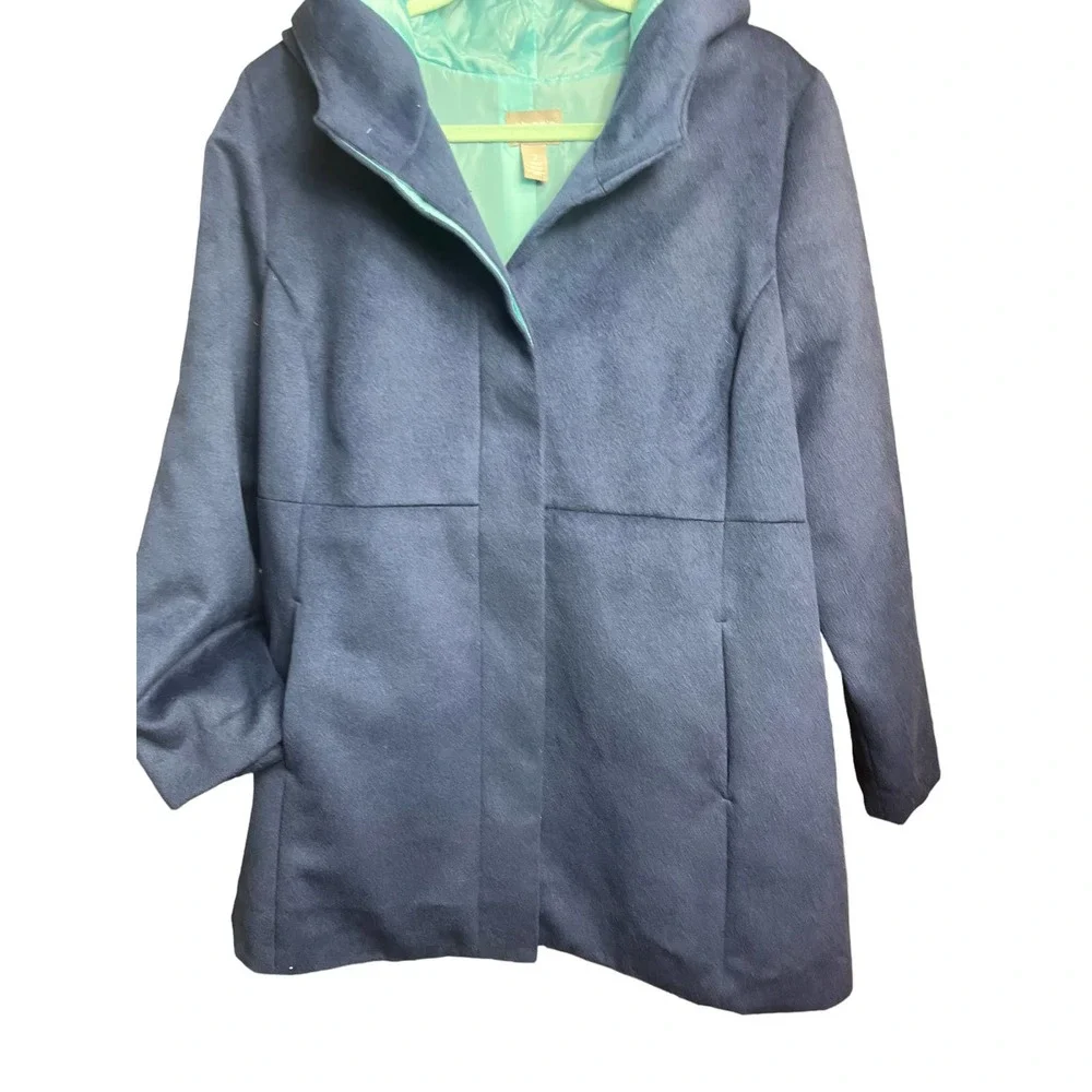 Chico's Hooded Coat, Faux-Wool Winter Mid Jacket | Size 2 (Large) | Navy Blue - Picture 4 of 10